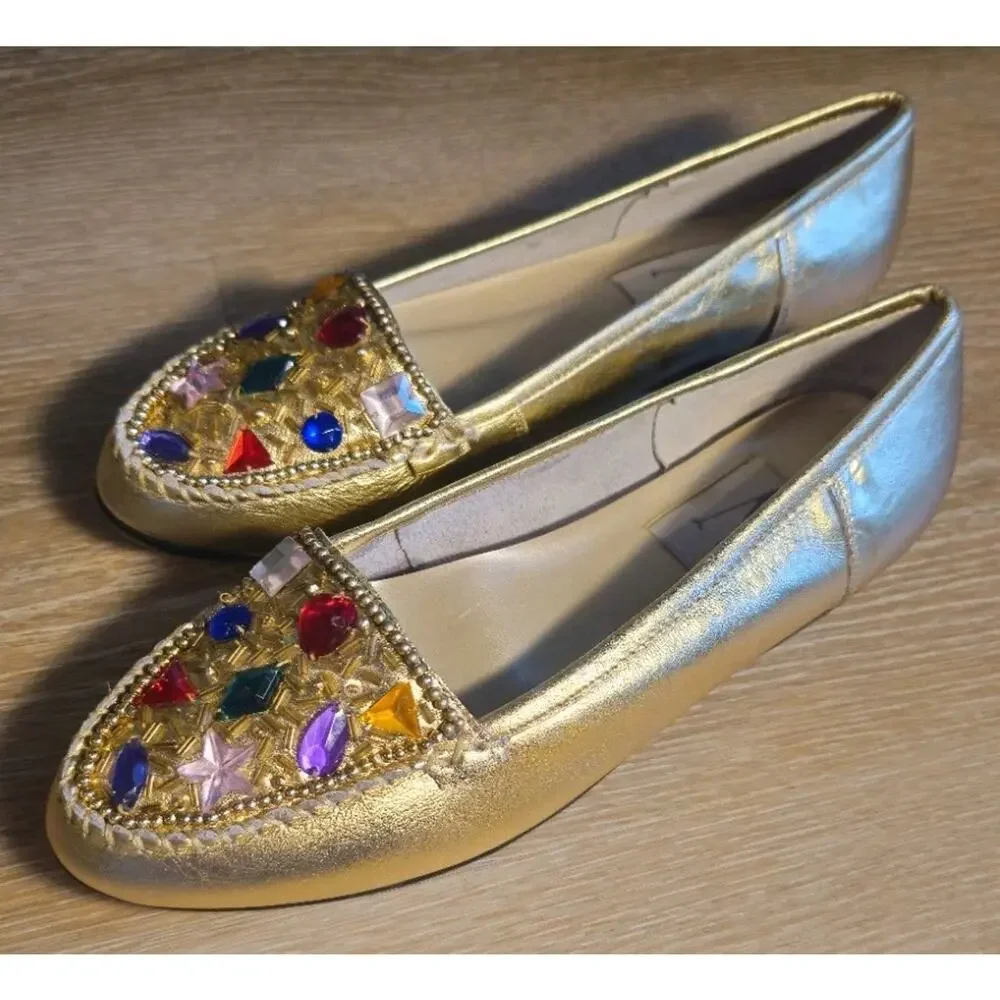 Vintage AJ Valenci Gold Leather Jeweled Flats Loafers Size 7.5 (Fits Like 7)...